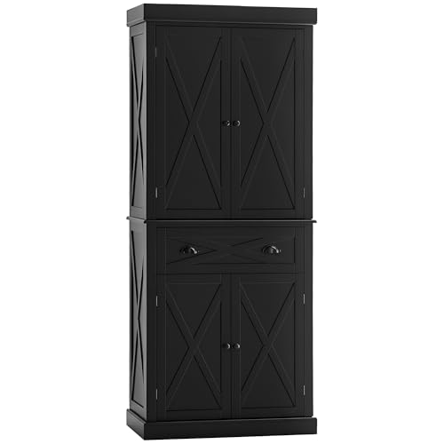 HOMCOM 72" Kitchen Pantry Storage Cabinet, Traditional Freestanding Cupboard with 4 Doors and 3 Adjustable Shelves, Large Central Drawer, X-Frame, White