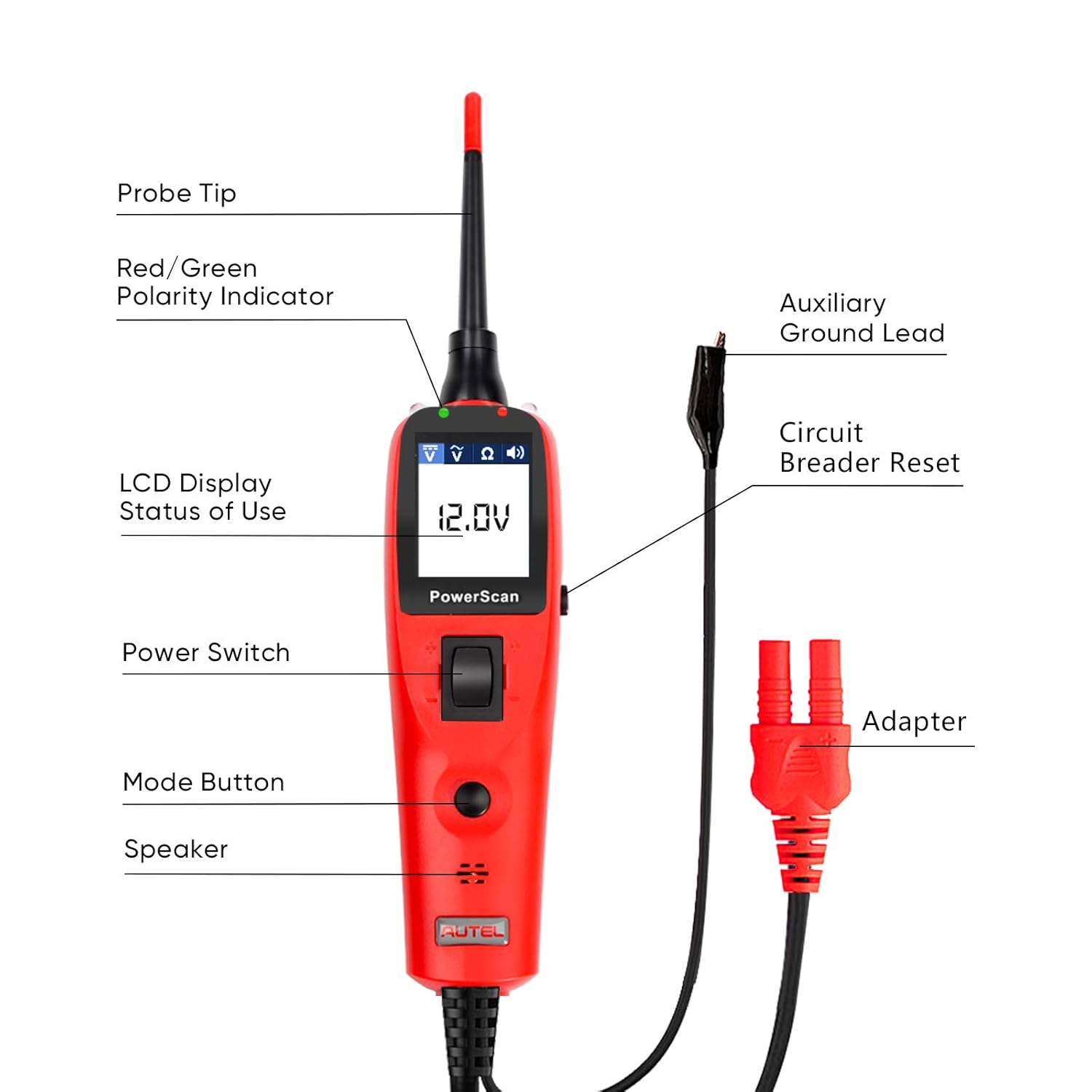 Autel Power Circuit Probe Kit, PS100 Powerscan Automotive Circuit Tester, Electrical System Diagnosis Tool Car Voltage Tester Digital Voltmeter Red
