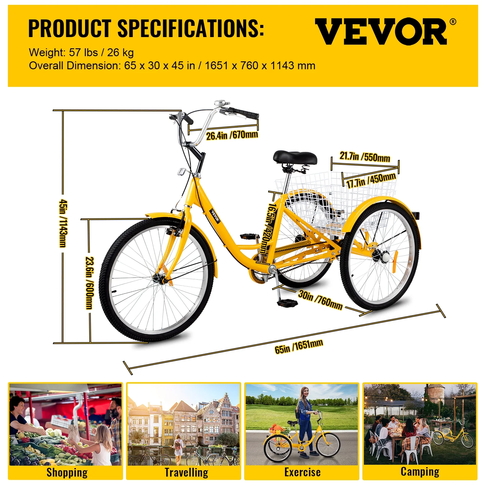 VEVOR Adult Tricycle 24 inch, 1-Speed Three Wheel Bicycles for Adult with Bell Brake System & Cargo Basket , Yellow