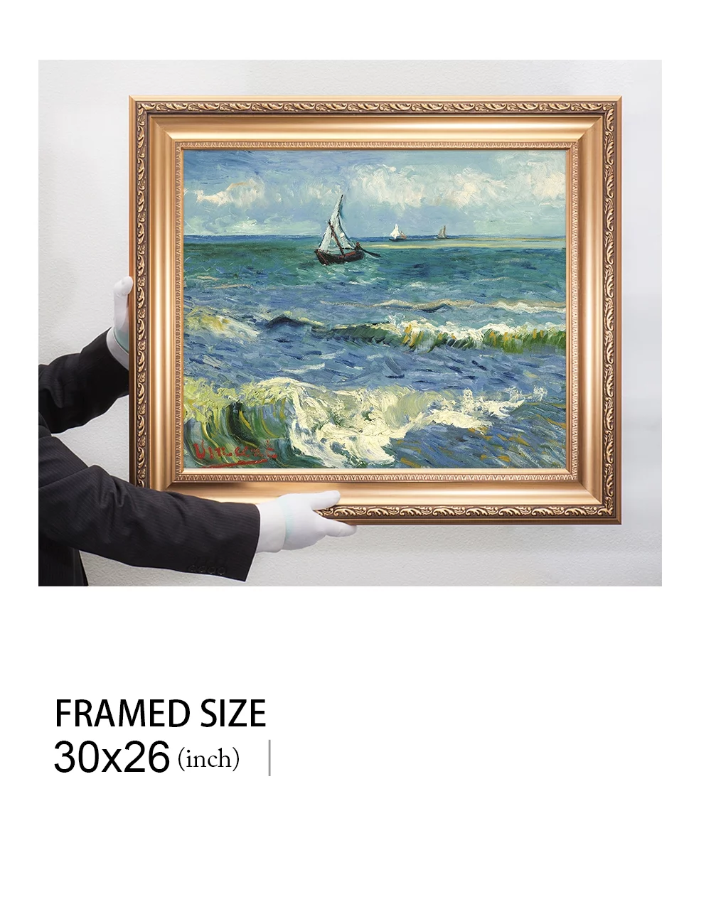 DECORARTS - The Sea at Les Saintes-Maries-de-la-Mer - Vincent Van Gogh. Giclee Print on Canvas with matching Golden-relief Framed Wall Art. Total with Framed size: 30x26