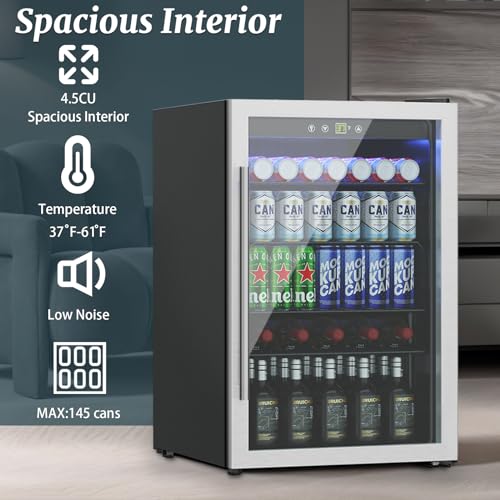 DOGHLY Beverage Refrigerator and Cooler, Mini Fridge with Glass Door, Digital Temperature Display for Soda, Beer or Wine For Office or Bar with Adjustable Removable Shelves