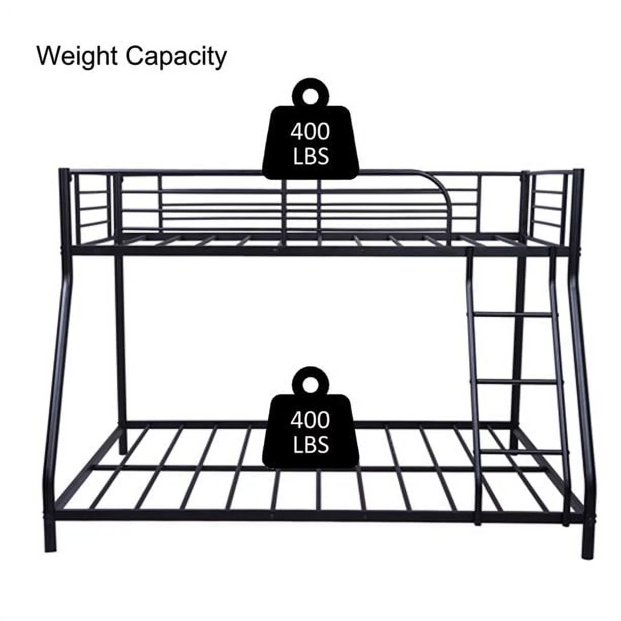 Bunk Bed, Twin Over Full Bunk Bed with Metal Frame and Ladder,  Heavy Duty Bunk Beds Twin Over Full Size for Adults Teens, Durable Bunk Bed Frame with Metal Support Slat, Safety Guardrail, Black, V278