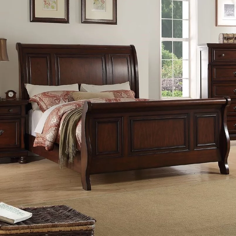 Formal Traditional Cherry Veneer 4pc Bedroom Furniture Eastern King Size Bed Dresser Mirror Nightstand Storage Bed