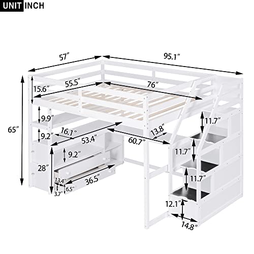 Harper & Bright Designs Twin Loft Bed with Stairs and Desk, Solid Wood Loft Bed Frame with Storage Drawers and Bookshelf for Kids Teens Adults - White