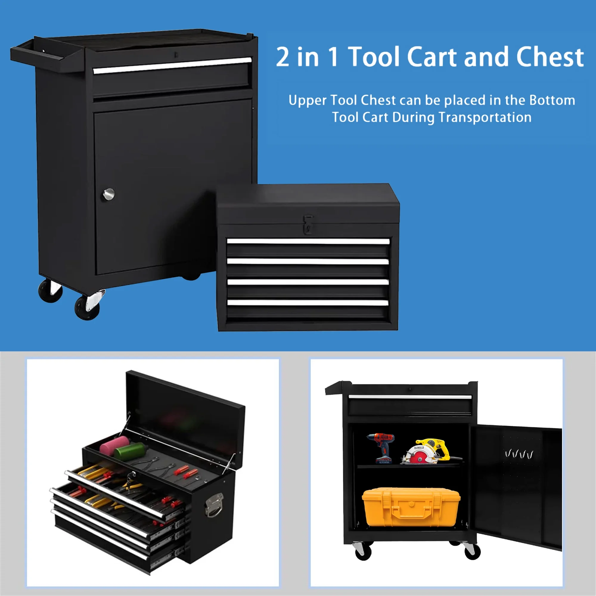 Aukfa Tool Chest, 2 in 1 Steel Rolling Tool Box & Cabinet On Wheels for Garage, 8-Drawer, Blue