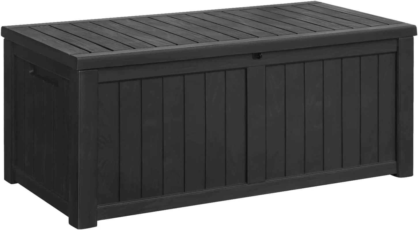 Resin Deck Box 120 Gallon Waterproof Large Deck Boxes Plus Outdoor Indoor Storage Box Imitation Wood Resin for Patio Furniture Garden Tools and Pool,Dark Black - Curated Treasures Market