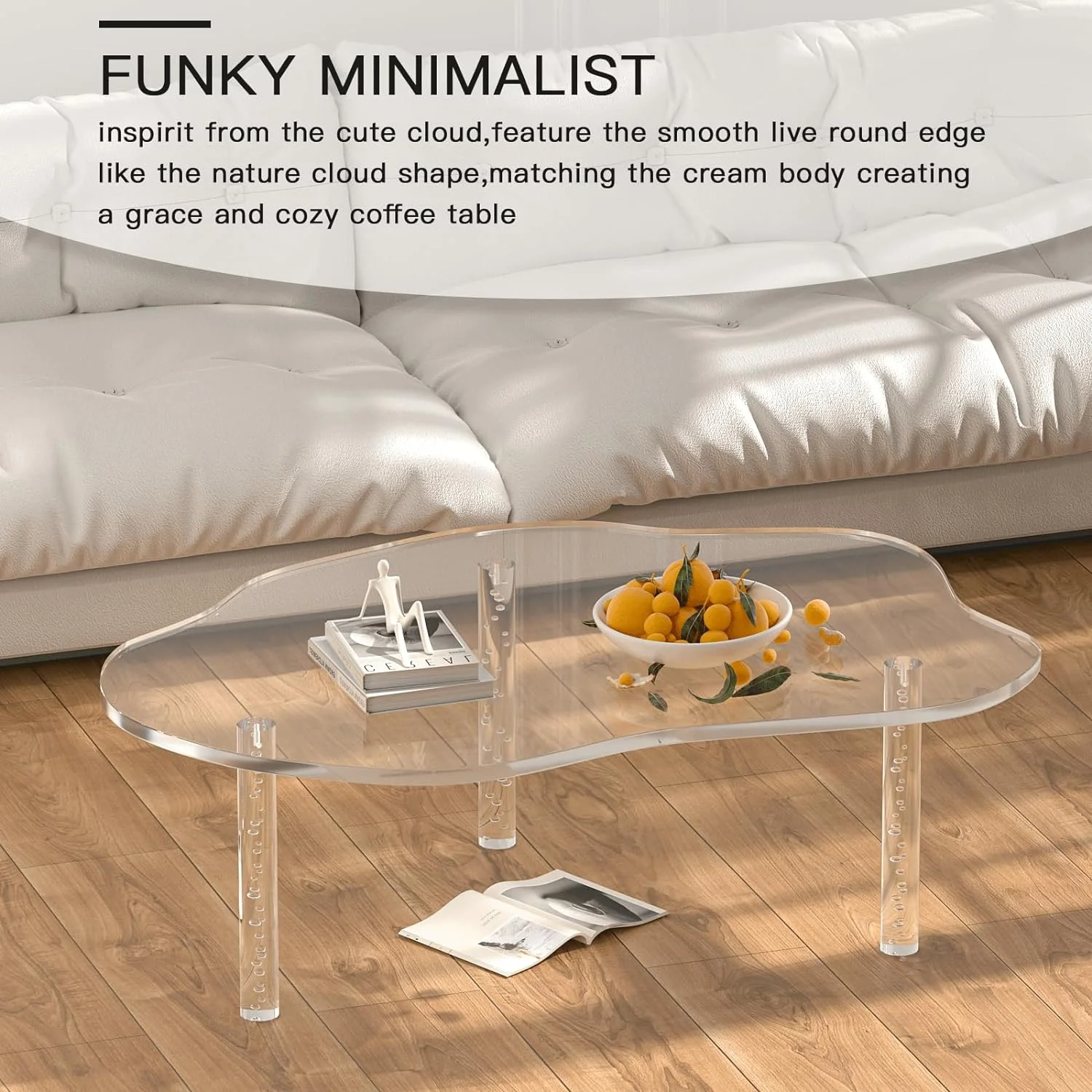RUNFAYBIU Acrylic Cloud Shape Coffee Table  39"x28"x16" Modern Irregular Waterfall Clear Coffee Table  with 3 Solid Bubble Legs for Living Room Home Decor