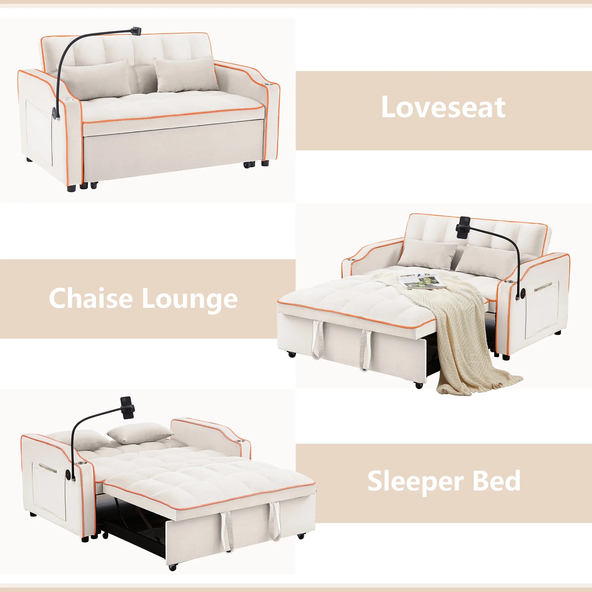 Muumblus Pull Out Sofa Bed, 3-in-1 Convertible Sofa Bed, Modern 2 Seater Sofa Bed with USB Port and Cup Holders, Velvet Loveseat Sleeper for Living Room, Small Spaces, Beige