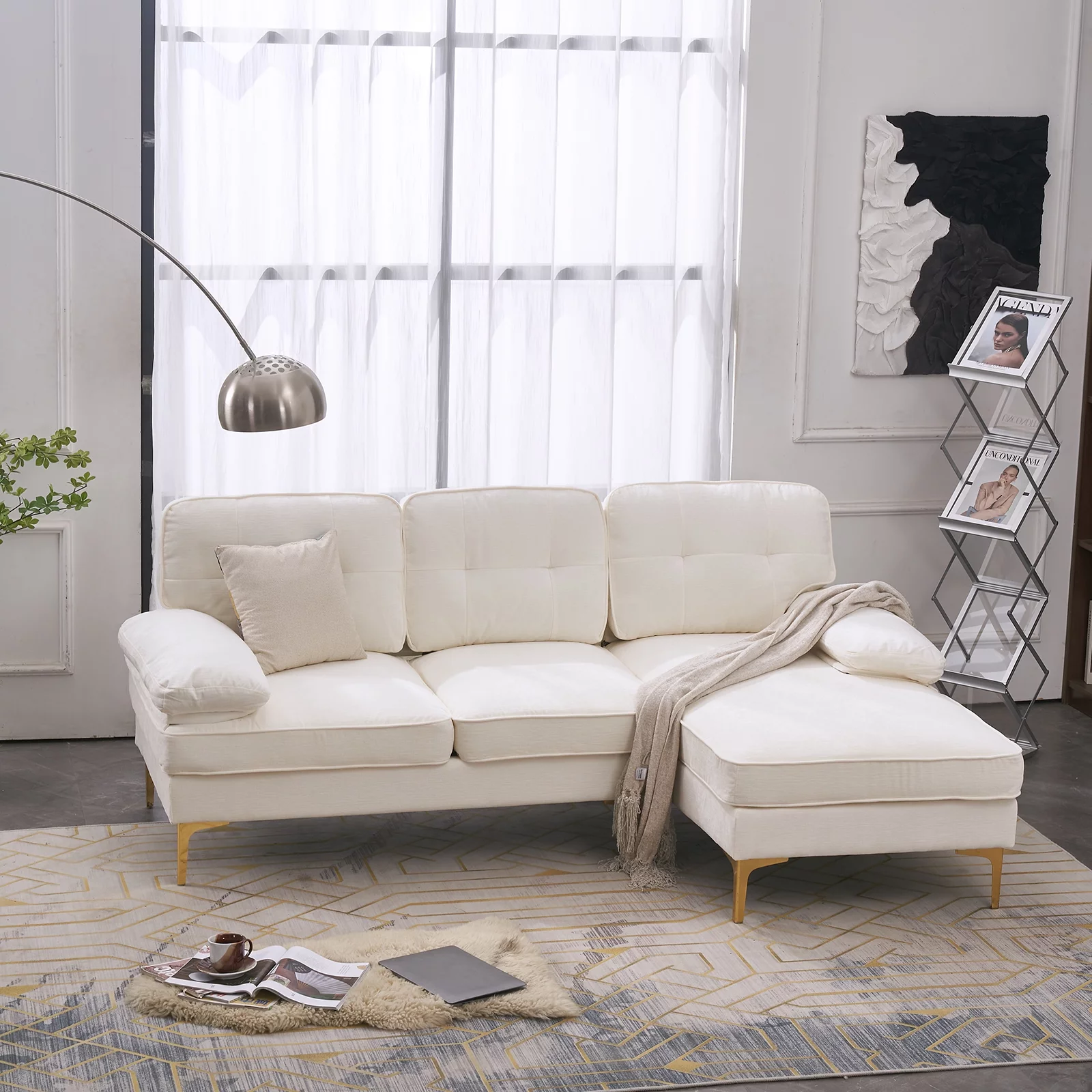 Tenozek Simple And Stylish Sectional Sofa Couch for Living Room, 83 inch L-Shape Sofa Couch 3-seat Sofas Gold-Plated Legs for Small Space, Beige