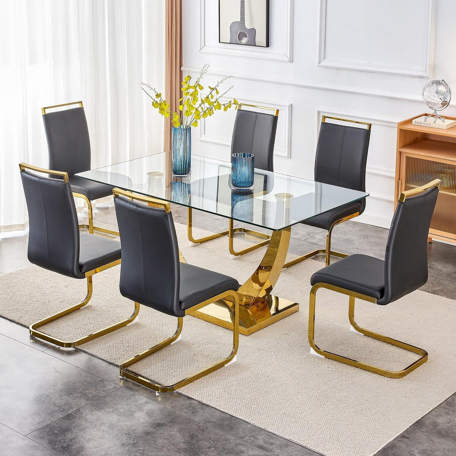 Sumdeal 63" Glass Dining Table Set for 6,Modern Dining Room Table Set for 6, Kitchen Table and PU Leather Chairs Set for 6, Dinner Table with Rectangle Tempered Glass Top and Chrome Golden Base