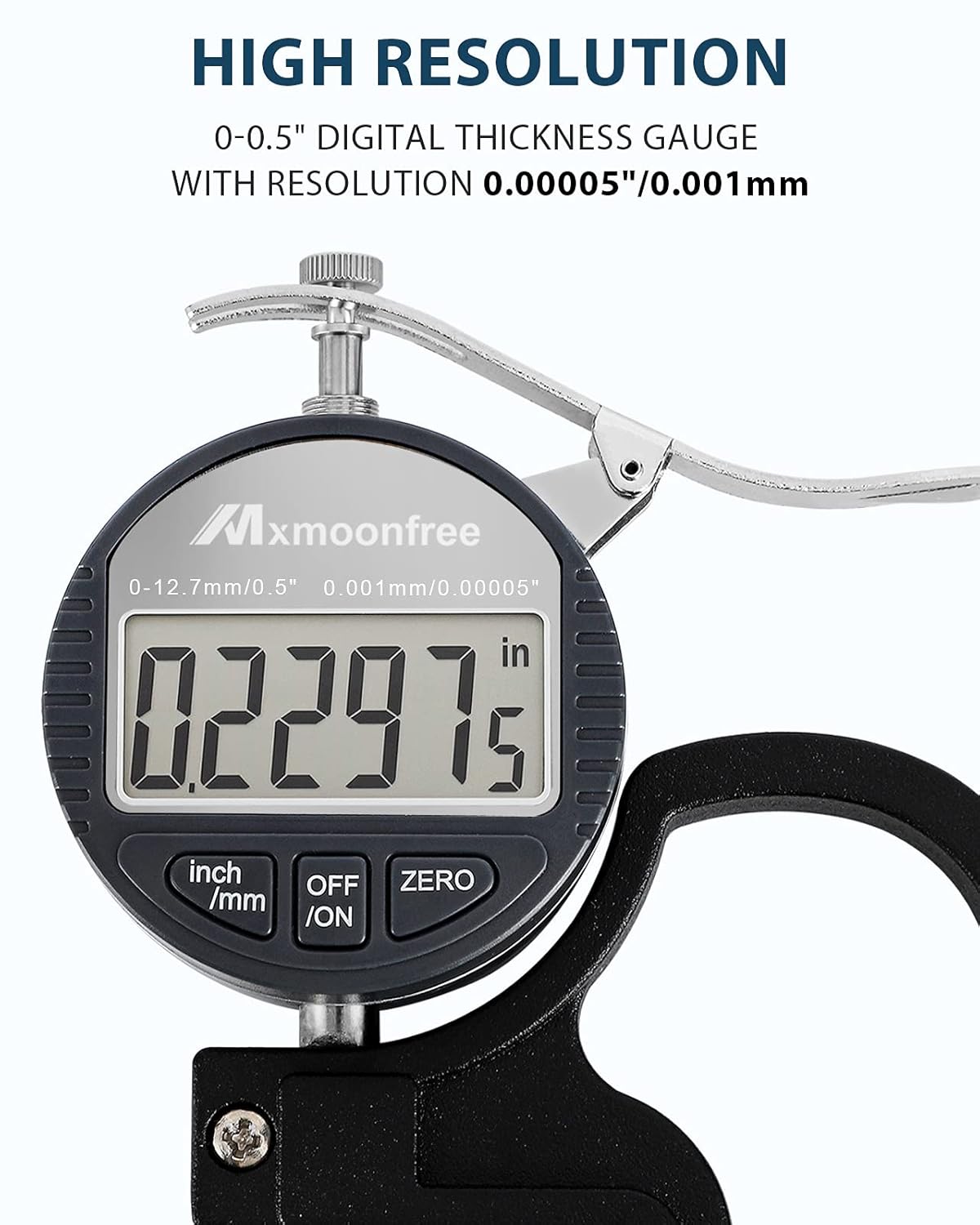 Mxmoonfree Digital Thickness Gauge 0.001mm/0.00005 | 0-12.7mm/0.5 Electronic Micrometer Thickness Meter with LCD Display, Unit Conversion, Storage Case, Extra Battery Pack of 2