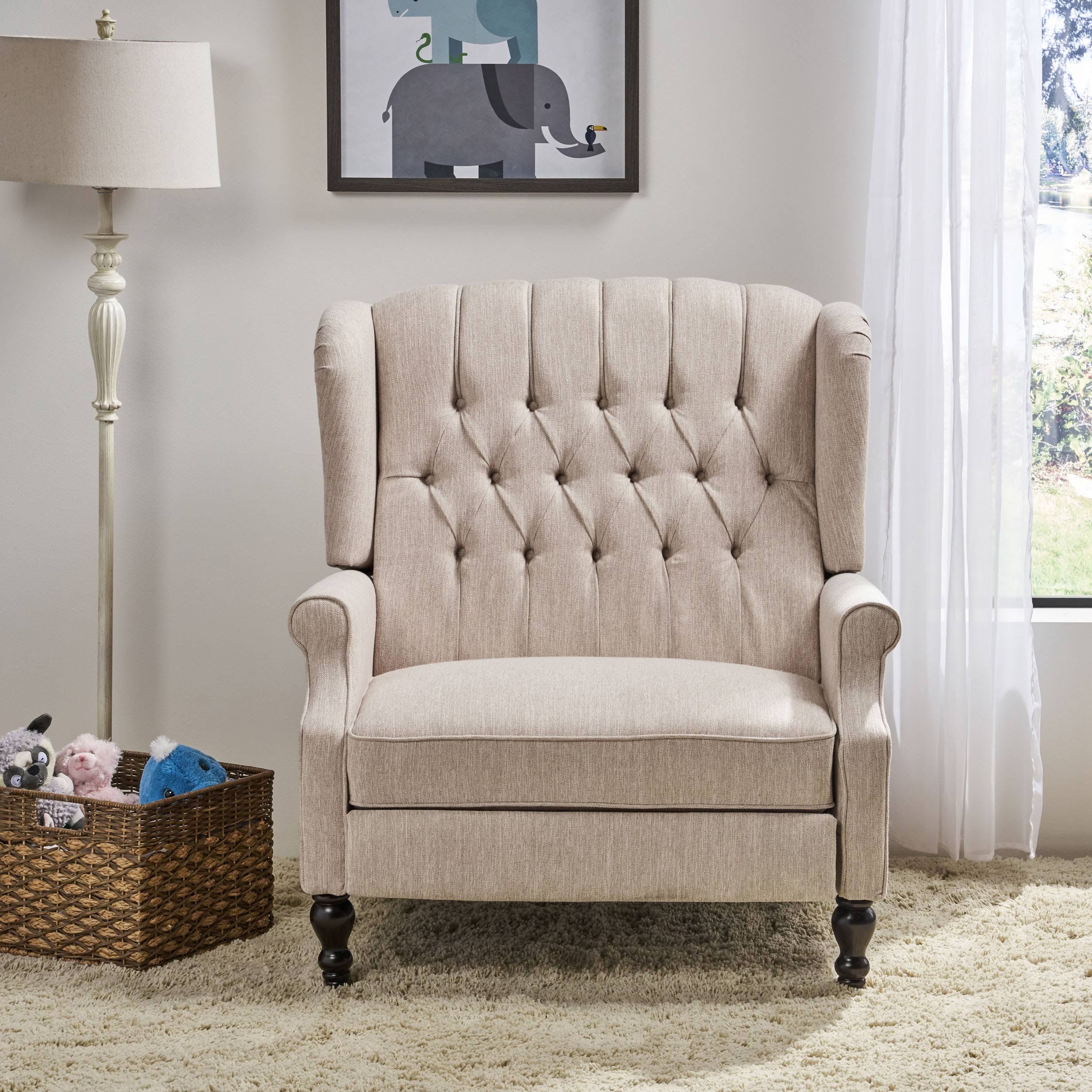 Salome Oversized Tufted Wingback Fabric Push Back Recliner, Navy Blue