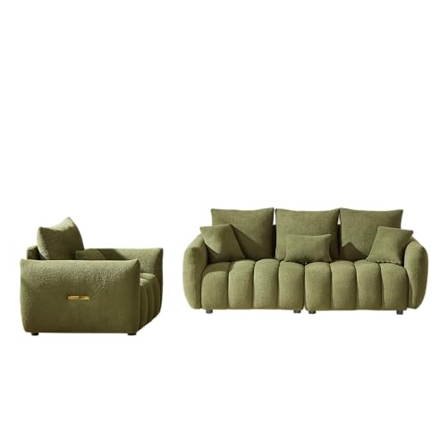 2 Piece Teddy Cloud Sofa Couch Set, Modern Deep Seat 3 Seater Boucle Sofa & Single Sofa Chair, Cozy Upholstered Sherpa Living Room Furniture Set for Apartment Office, Black