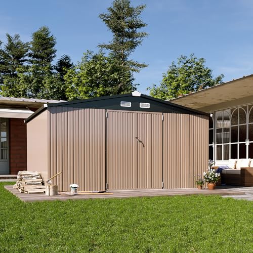 Aoxun 10 x 12FT Outdoor Storage Shed with Double Hinged Large Door Utility Garden Shed with Lockable Door & Sloped Roof Metal Sheds Outdoor Storage for Garden, Backyard, Patio and Backyard, Brown