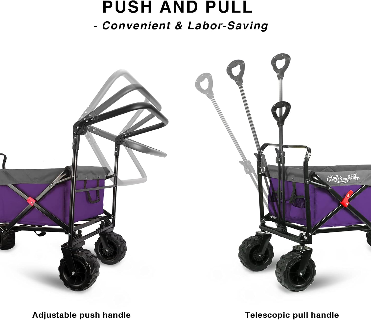 Push and Pull Beach Wagon with Big Wide Rubber Wheels, All Terrain Heavy Duty Grocery Cart Utility Collapsible Wagon for Outdoor Garden Picnic Beach Sports Camping, Purple