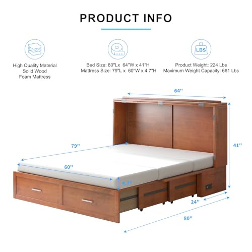 PUREMIND Queen Murphy Bed Cabinet with 2 Storage Drawers, Hideaway Murphy Chest Bed with Mattress, Cabinet Beds Wallbed with USB Charging Station for Bedroom, Guest Room