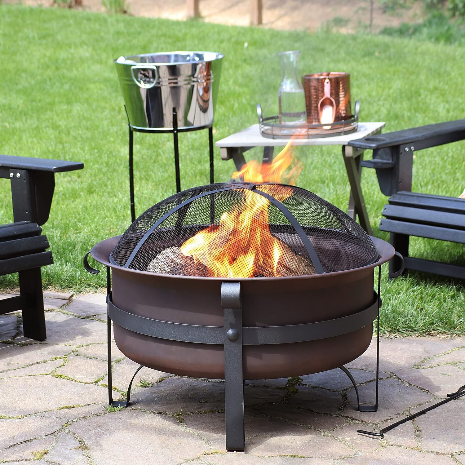 Sunnydaze Large Bronze Cauldron Outdoor Fire Pit Bowl - Round Wood Burning Patio Firebowl with Portable Poker and Spark Screen - 29 Inch