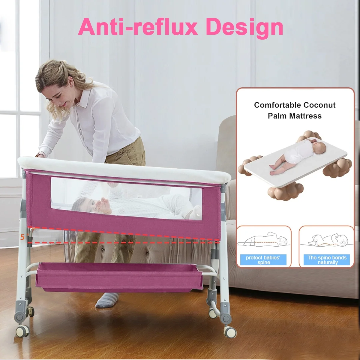 Baby Bassinet, 4 in 1 Infant Bedside Crib with Storage Basket and Wheel &Changing Table, Adjustable Infant Cradle, Pink