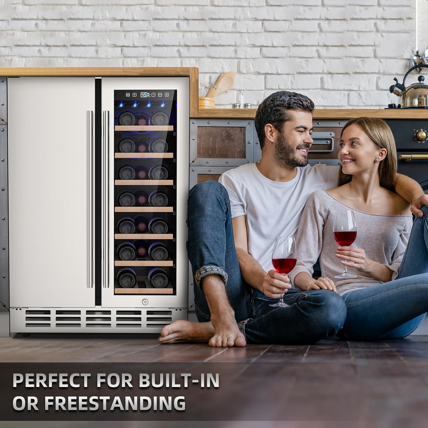 Wine and Beverage Refrigerator, 24 Inch Dual Zone Wine Fridge with Safety Locks, Under Counter Wine Cooler Beer Fridge Built-In or Freestanding, Holds 20 Bottles and 57 Cans