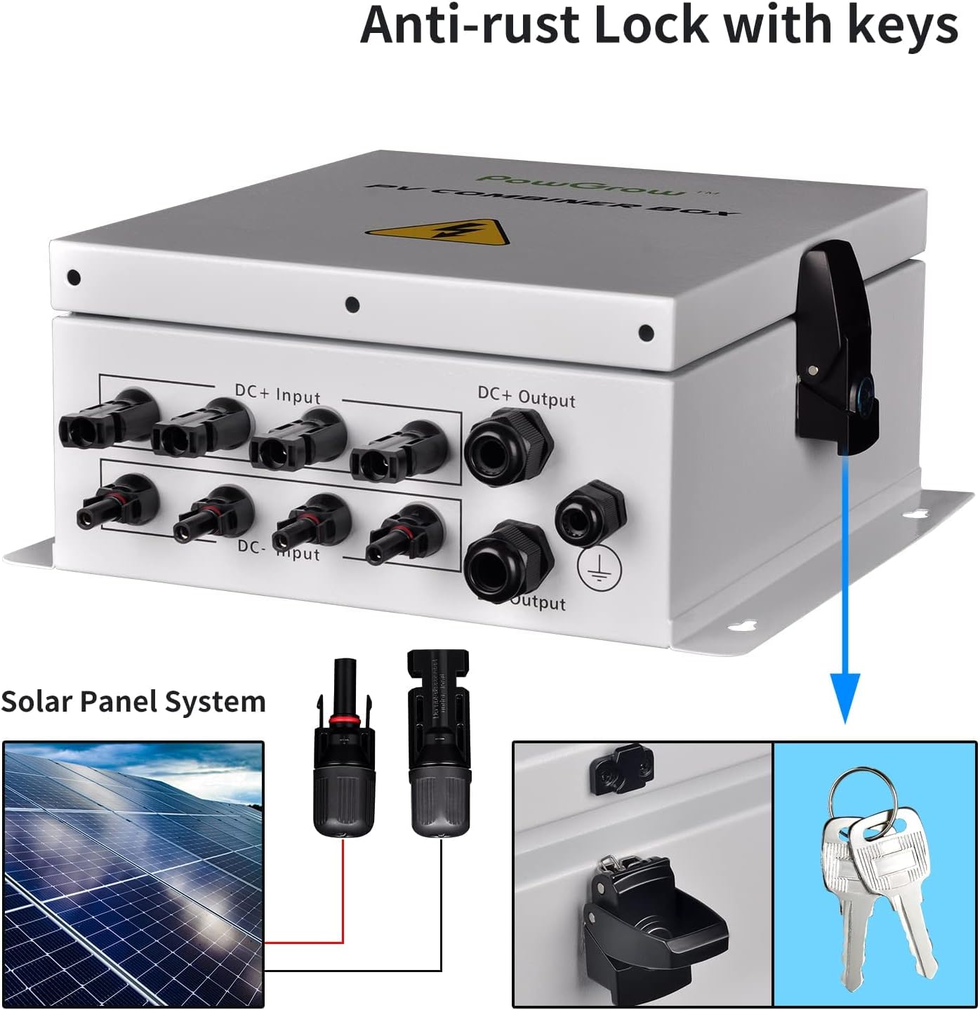 PowGrow PV Combiner Box, 6 String Solar Combiner Box with 15A Rated Current Fuse, Surge Protective Device and 63A Air Circuit Breaker for On/Off Grid Solar Panel System, Pre-Wired Cable, Metal Box
