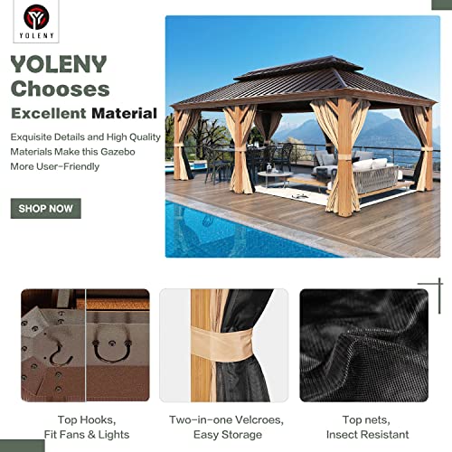 YOLENY 10' x 12' Hardtop Gazebo, Wood-Looking Gazebo with Galvanized Steel Double Roof, Aluminum Frame, Permanent Metal Pavilion with Netting and Curtains for Deck, Backyard, Patio and Lawns