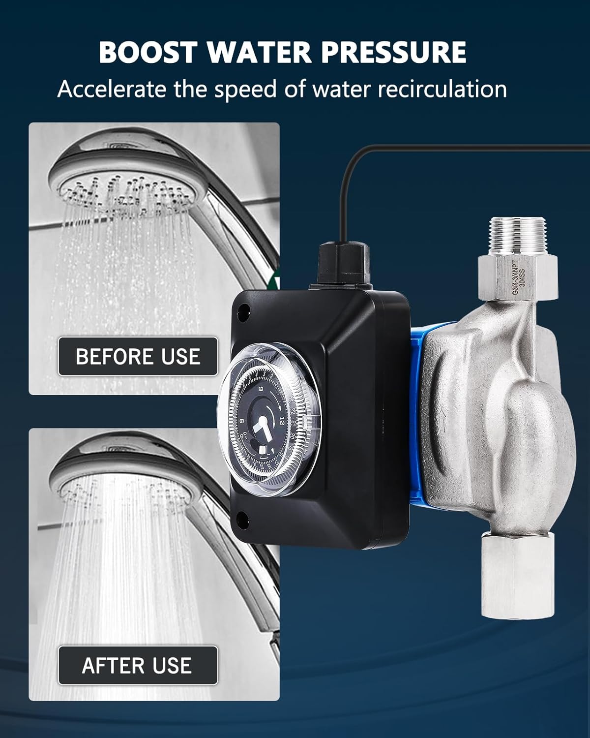 Instant Hot Water Recirculating Pump Kit with 304 Stainless Steel Sensor Valve for Tank Water Heaters Recirculating System with Timer 20'' PEX Flex Hoses Extremely Quiet Energy Saving
