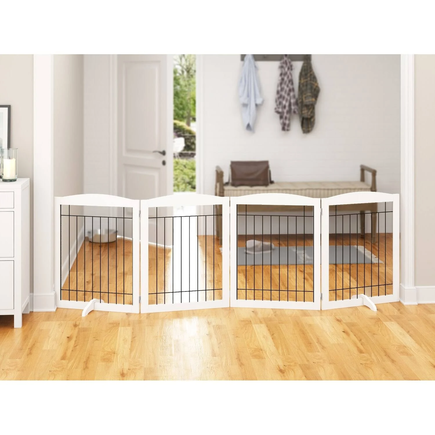 PAWLAND 96-Inch Extra Wide Dog Gate for The House, Doorway, Stairs, Freestanding Foldable Wire Pet Gate, Set of Support Feet