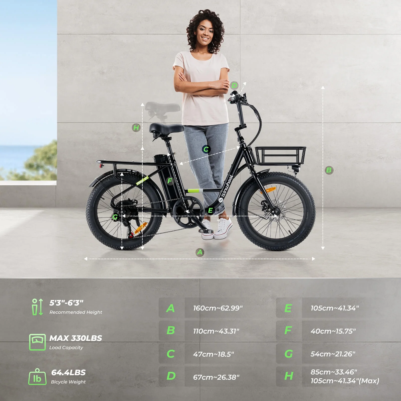 isinwheel U7-W Electric Bike for Adults, 500W 20 MPH Max Range 55+Miles Cargo Bike, 48V Removable Battery Adult Electric Bicycles, Oversized 20" Tires Ebikes for Adults