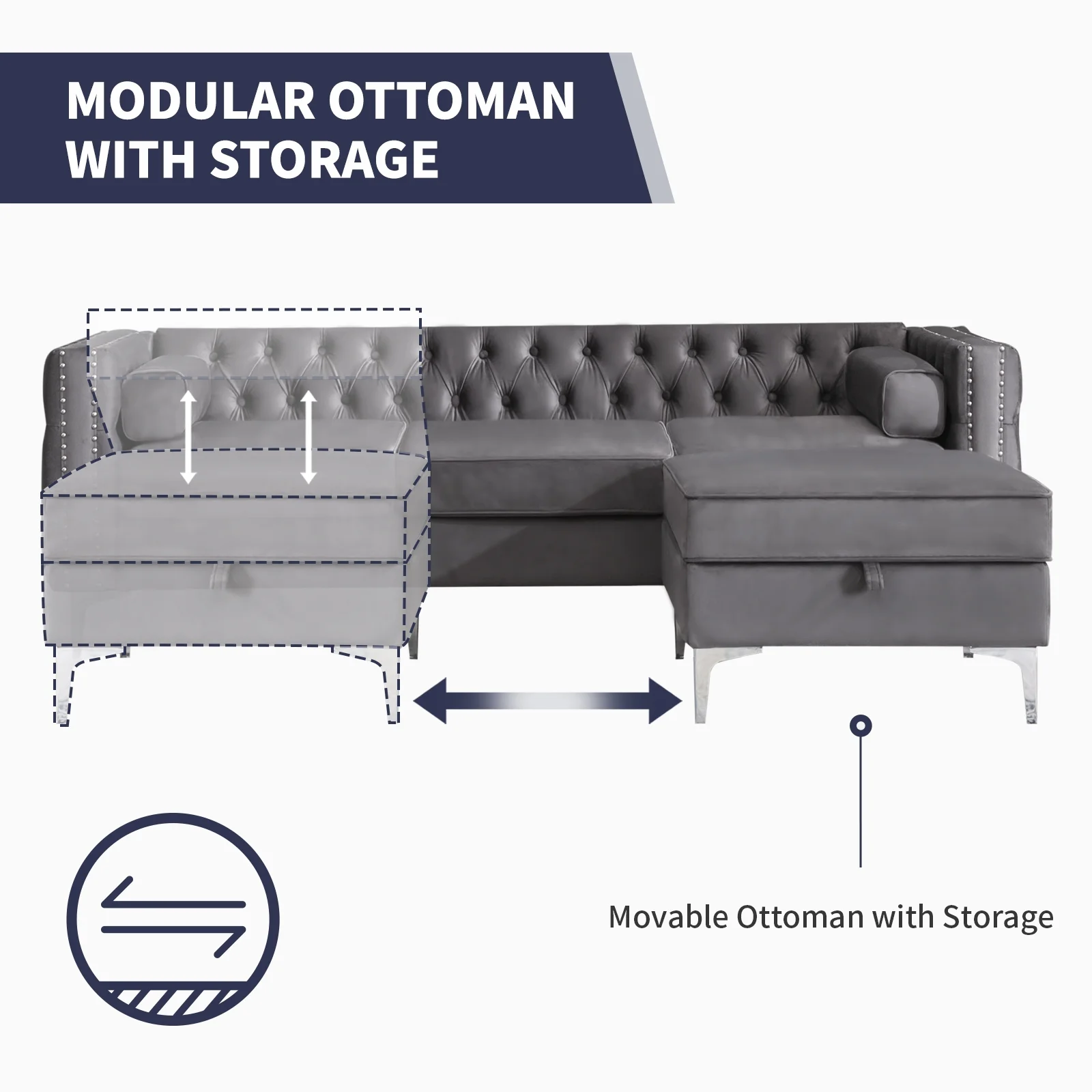 ijuicy Sectional Sofa with Storage Ottoman, L-Shaped Sofa with Velvet Upholstered and Back Cushions, 3-Seat Sectional Couch Button Tufted & Nailhead Trim Design, Living Room Furniture Set- Grey
