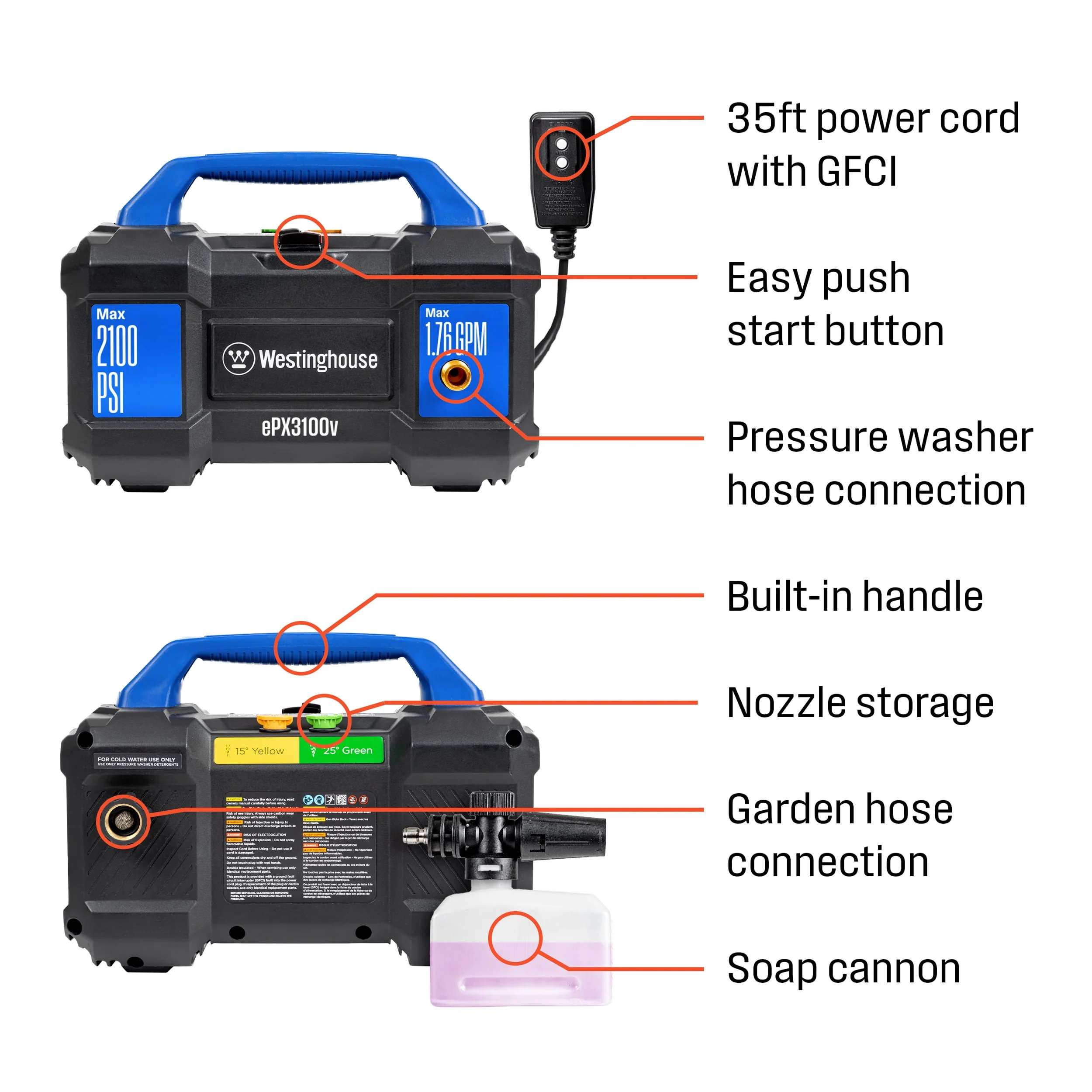 Westinghouse 2300 Max PSI Electric Pressure Washer, 1.76-GPM, Soap Tank, 5 Nozzles