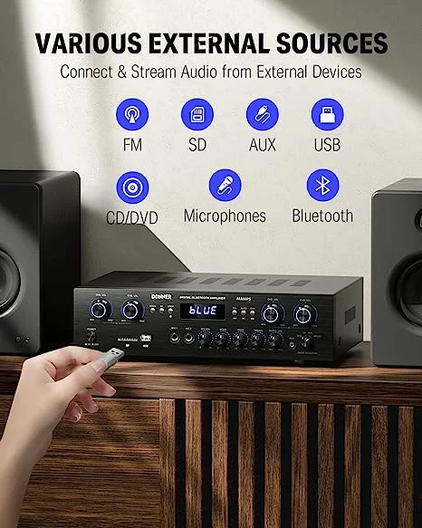 9 Left Donner Stereo Receiver 4 Channel 1000W Peak Power Home Theater Amp Amplifier USB SD, For Outdoor Speakers Karaoke