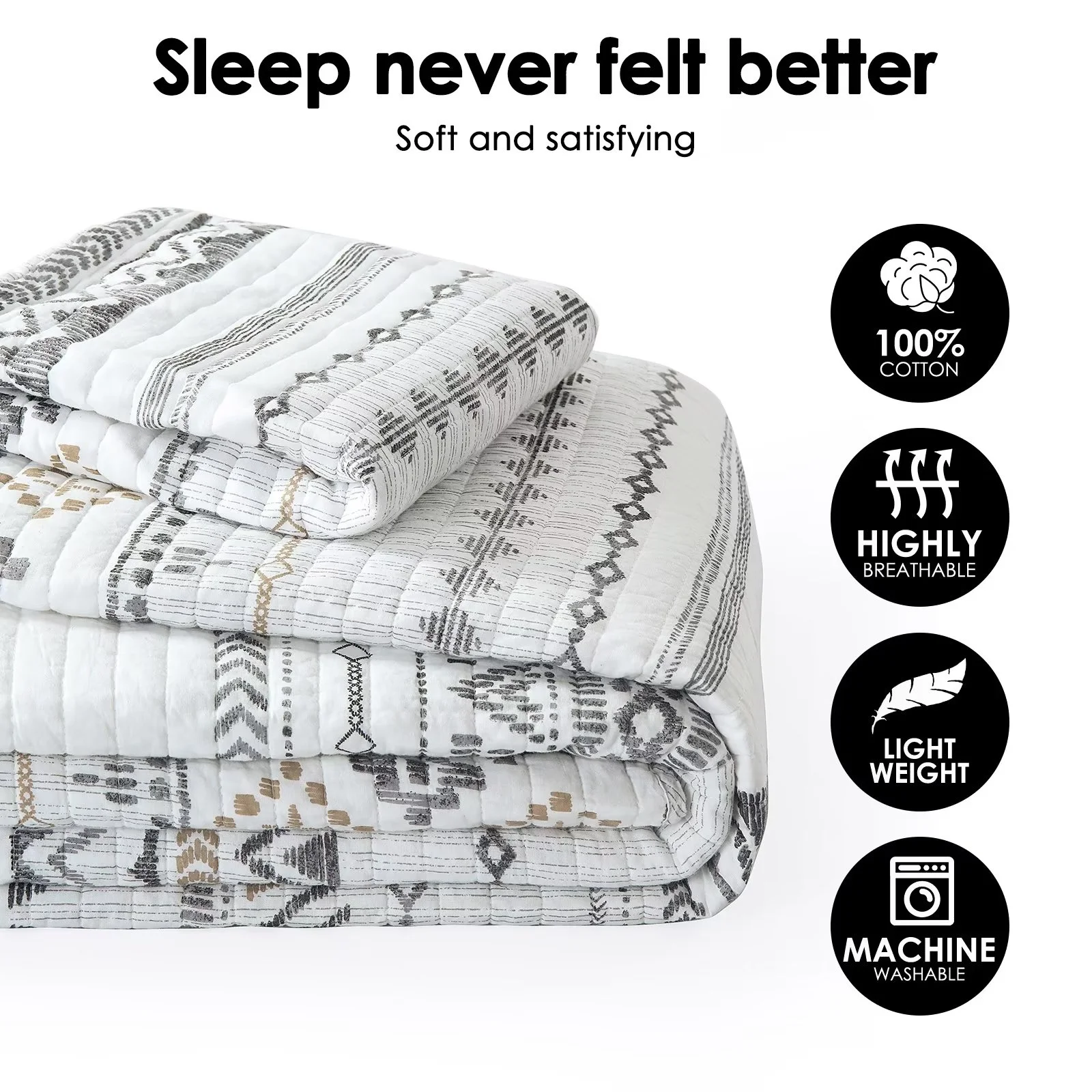 Bedduvit 100% Cotton King Size Quilt Set - Bohemian White & Charcoal Geometric Striped Quilt King, Boho Breathable Bedspread for All Season, 3-Piece Lightweight Summer Comforter Bedding Set, 98"x106"