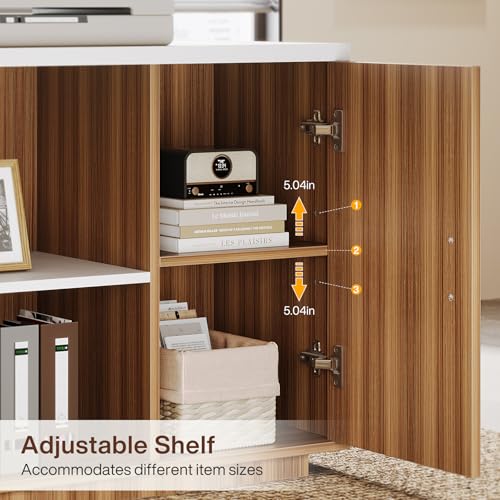 Tribesigns 85.8-Inch L-Shaped Executive Desk with File Drawers, Door Cabinet & Shelves, Extra Large Commercial Office Desk, Modern Professional Office Table, White & Brown Business Furniture