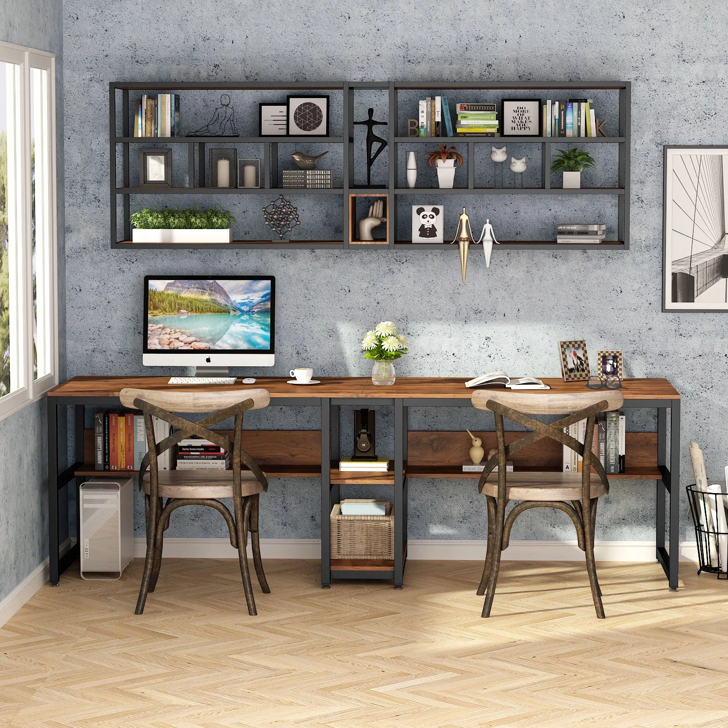 78.7" Computer Double Desk with Bookshelf,Black