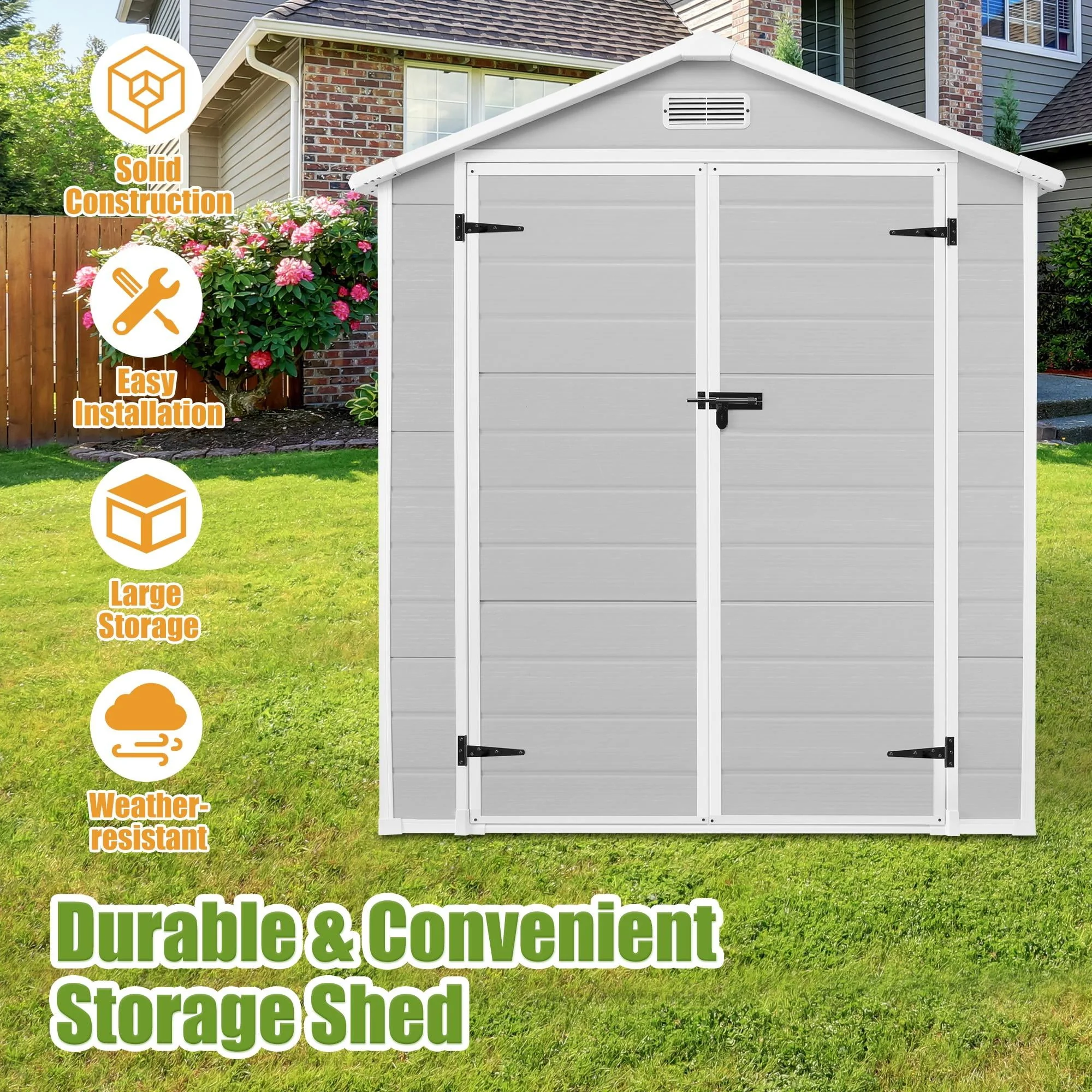 6' x 4.4' Plastic Outdoor Shed, All-Weather Resin Large Backyard Storage Sheds with Reinforced Floor, Lockable Door Garage Patio Garden Storage Shed