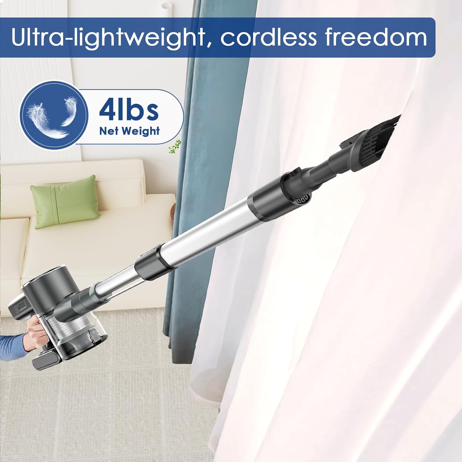 Cordless Vacuum Cleaner with 2 Batteries, 450W 33Kpa Stick Vacuum Up to 100min Runtime, Lightweight Cordless Vacuum with LED Display Brushless Motor for Pet Hair Carpet Hard Floor (Grey)