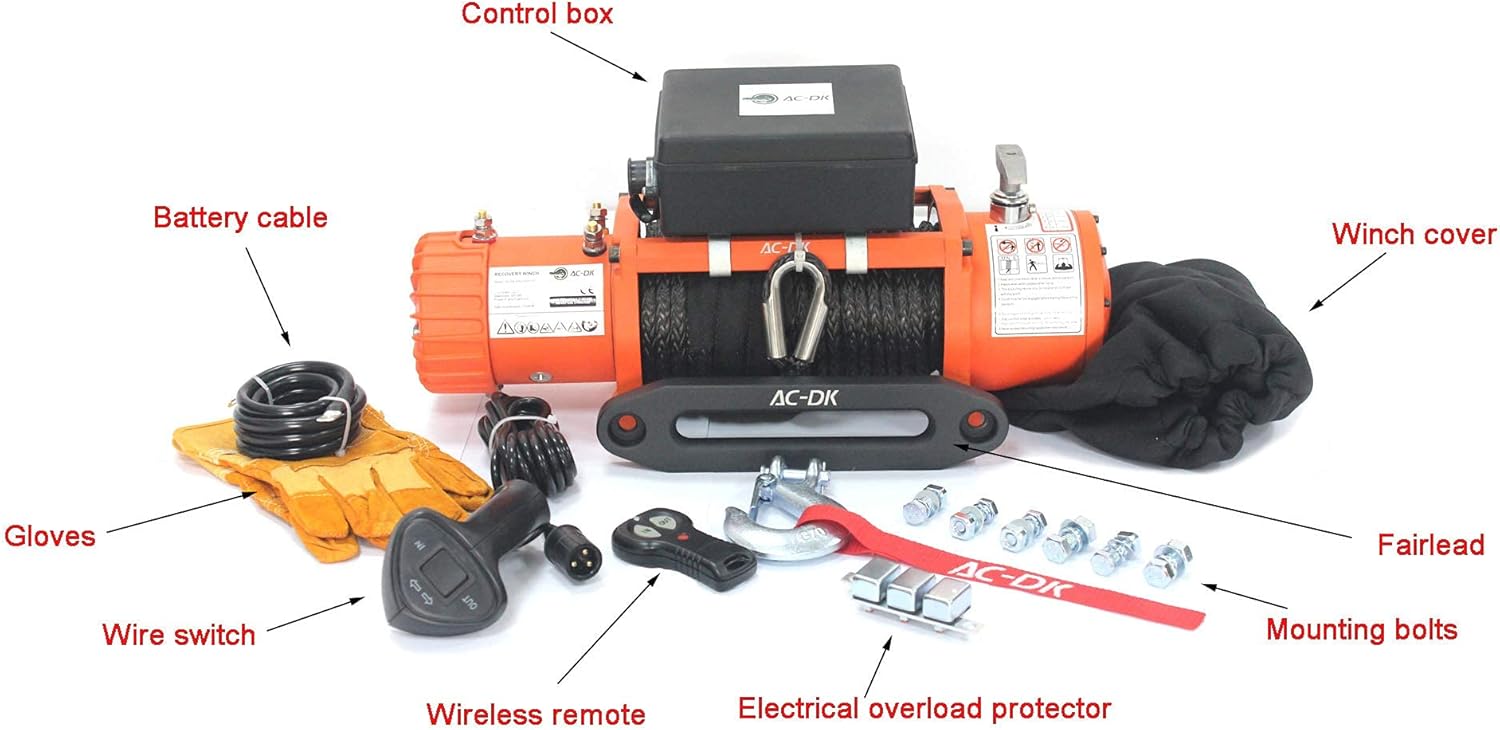AC-DK 12000 lb Electric Winch with Synthetic Rope Winch, 12V Truck Winch with Wireless Remote, Waterproof Off Road Winch for Towing Winch Truck Jeep SUV(Up to 12500 lb Winch)