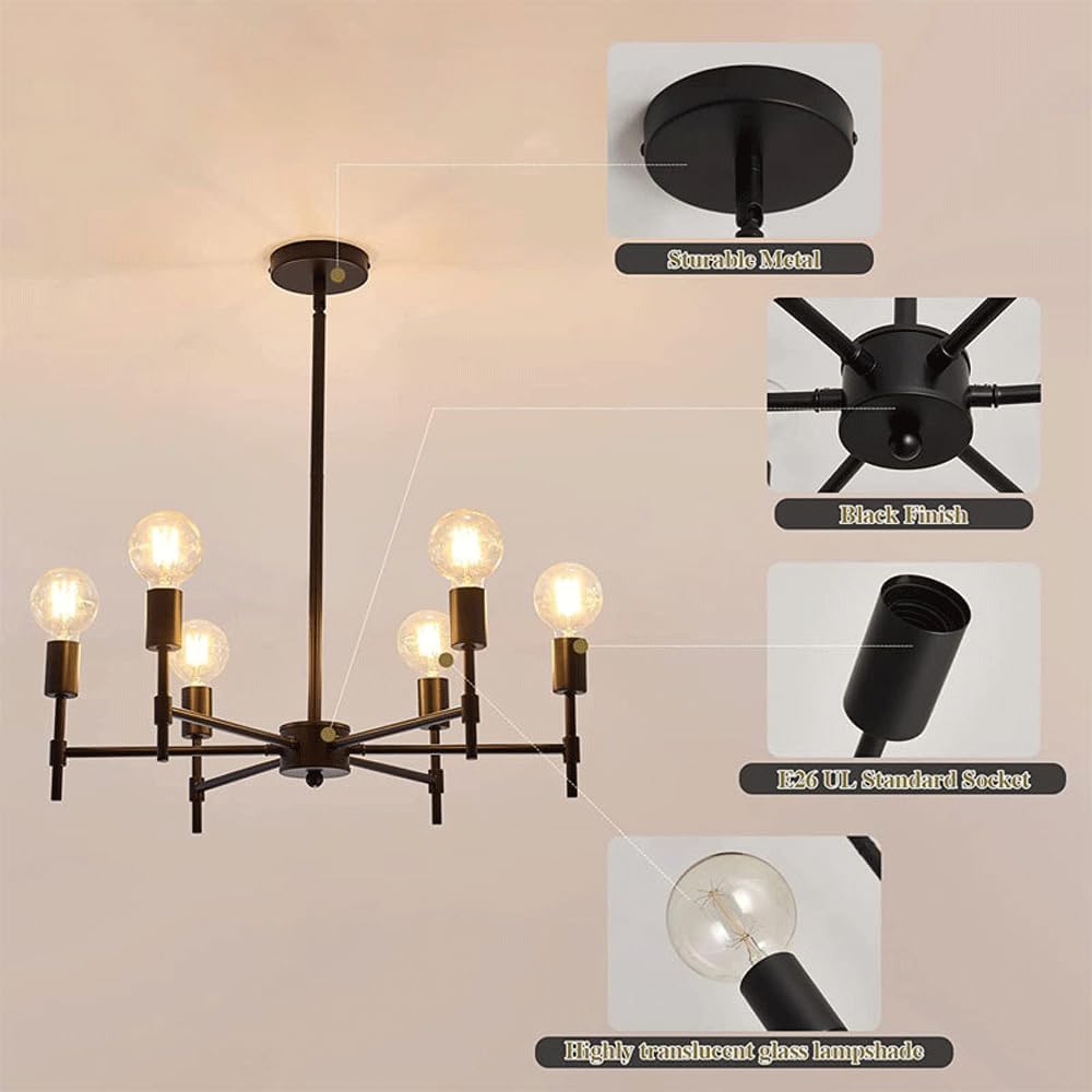 EAUSO American Retro 6 Heads Iron Chandelier Personalized Living Room Dining Room Kitchen Bedroom Study Candle Lighting Rustic Industrial Pendant Farmhouse Ceiling Light Matte Black E26 Socket