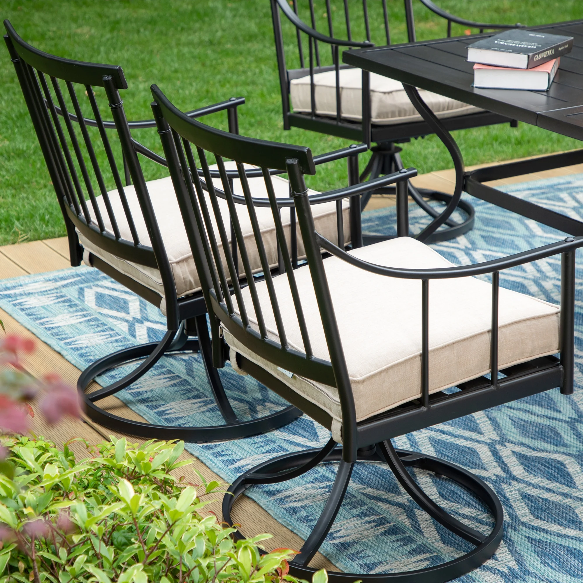 MF Studio 7-Piece Outdoor Dining Set with 6 Swivel Cushioned Chairs & Rectangular Table for 6-Person, All-Weather Metal Steel Furniture,  Black & Beige