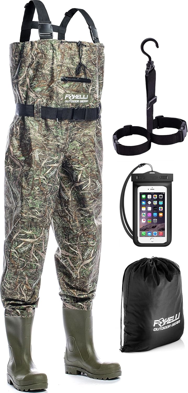 Foxelli Chest Waders – Camo Hunting & Fishing Waders for Men & Women with Boots, 2-ply Nylon/PVC Waterproof Bootfoot Waders