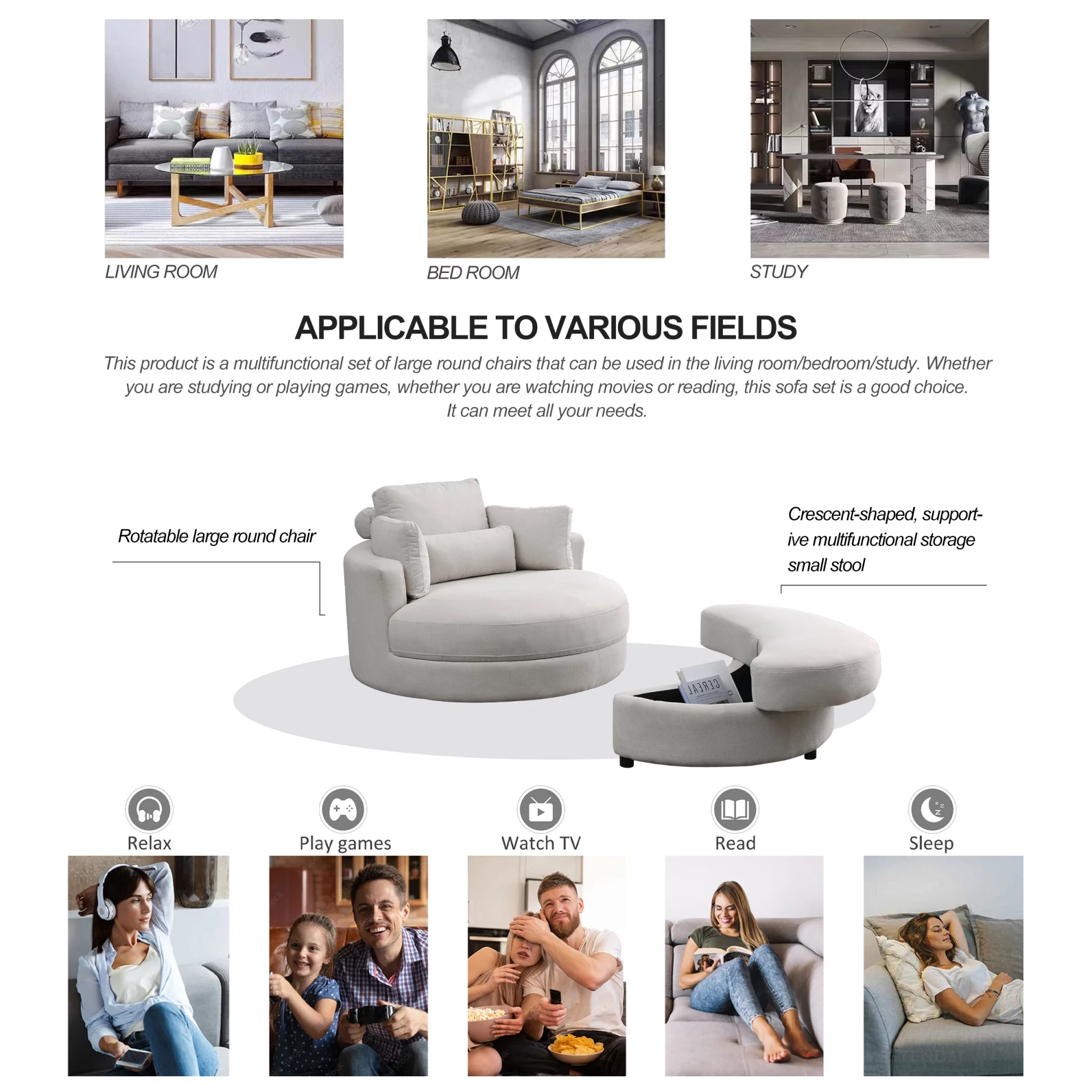 [Video] Welike Swivel Accent Barrel Modern Sofa Lounge Club Big Round Chair with Storage Ottoman Linen Fabric for Living Room Hotel with Pillows . *2PCS