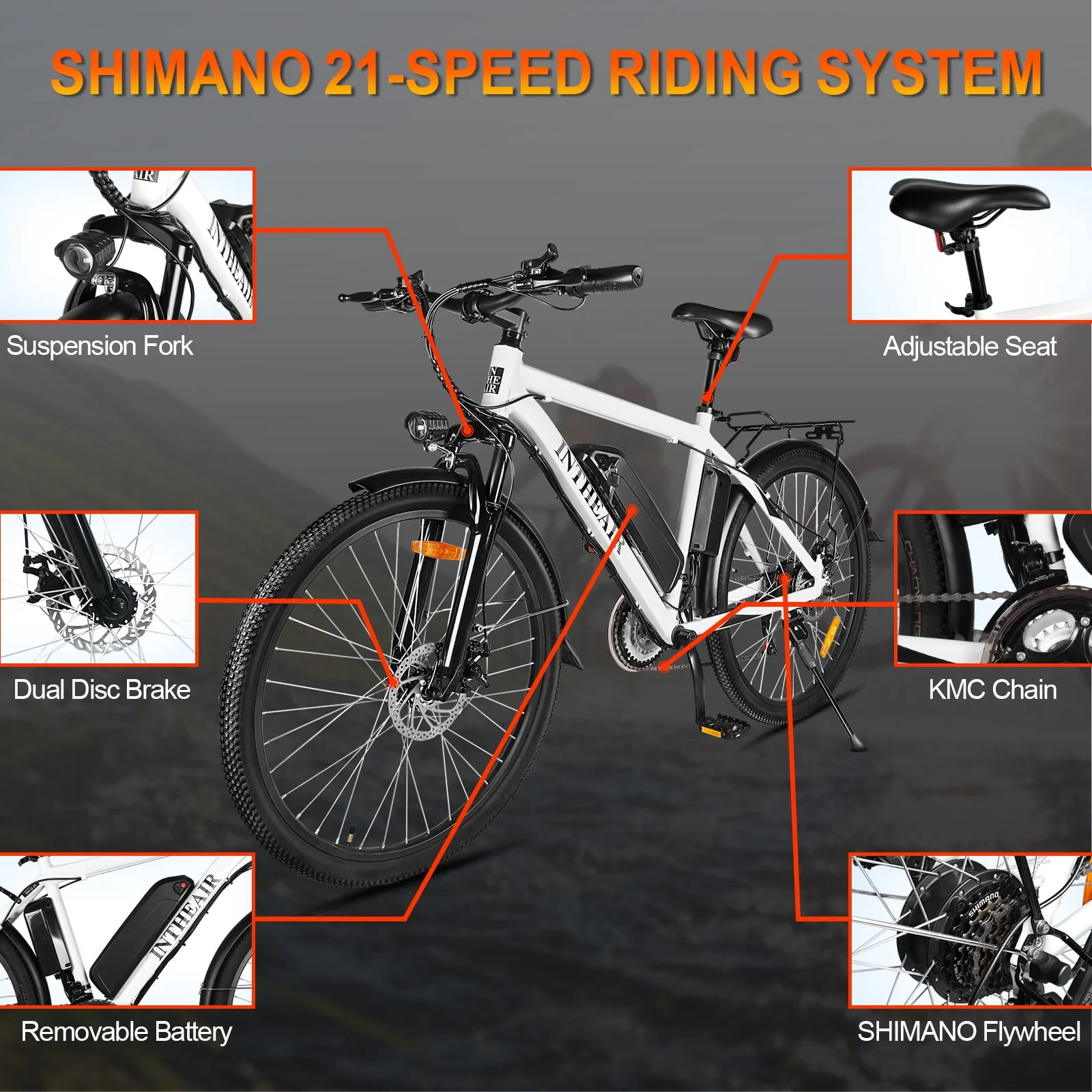 ZNH Electric Bike 26 Electric Mountain Bicycles 350W Motor E bike 21 Speed 36V 10Ah Electric Commuter Bike 20MPH Black Electric Bicycle Ebike