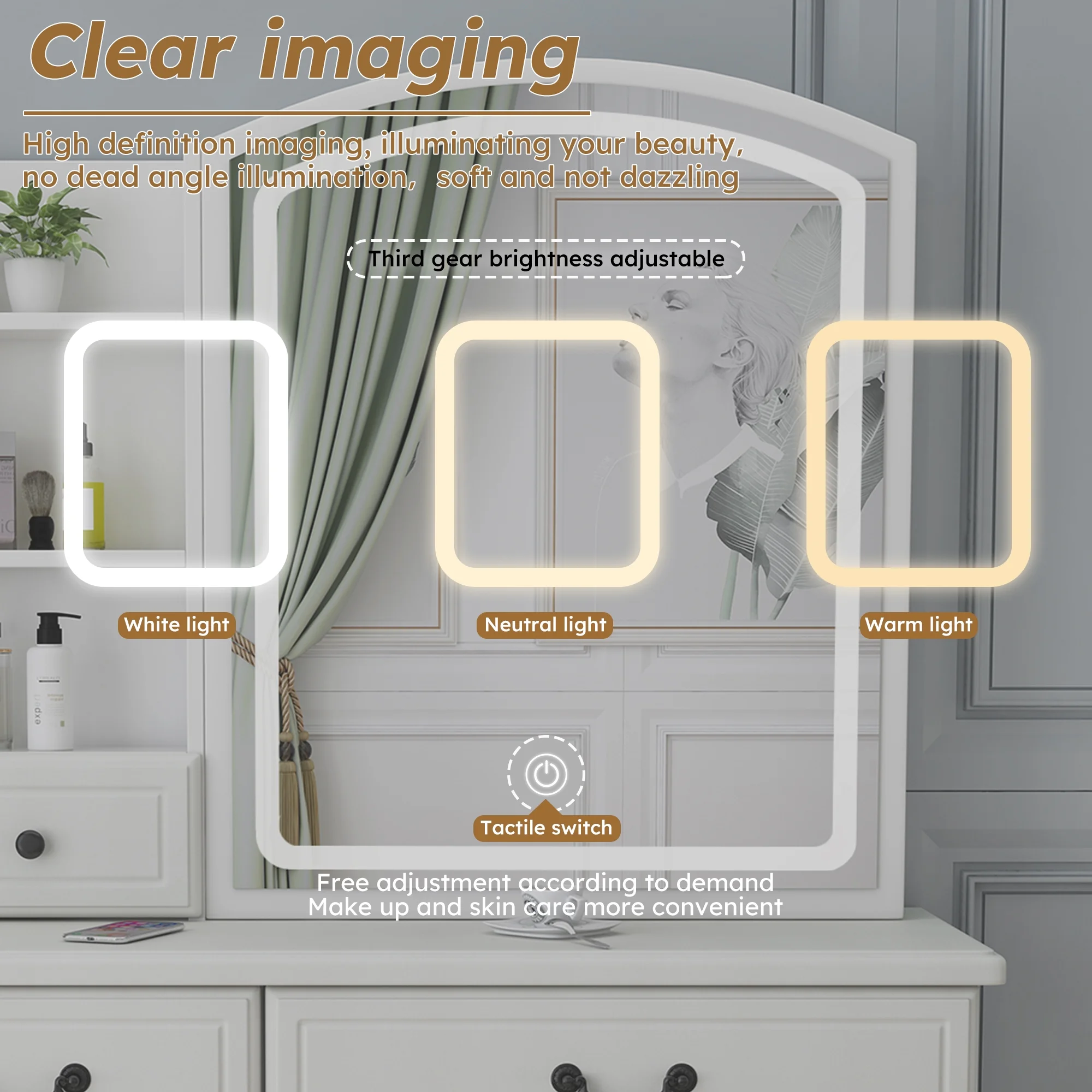 Leavader Vanity Desk with Mirror and Led Lights, Makeup Vanity Table Set with 3 Color Lighting Brightness Adjustable, 6 Drawers, White Color Dress Vanity Table