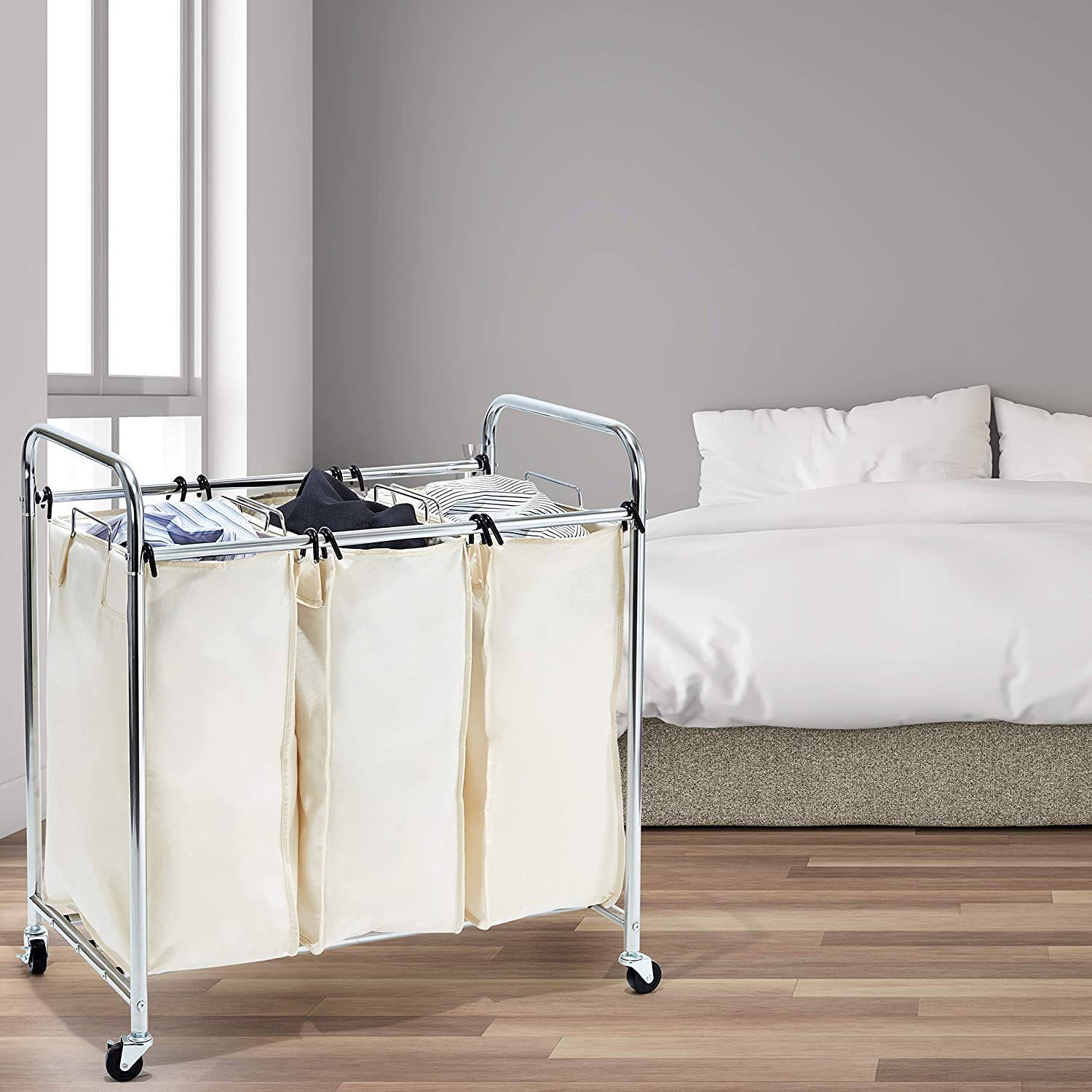 Seville Classics Mobile 3-Bag Heavy-Duty Laundry Hamper Sorter Cart