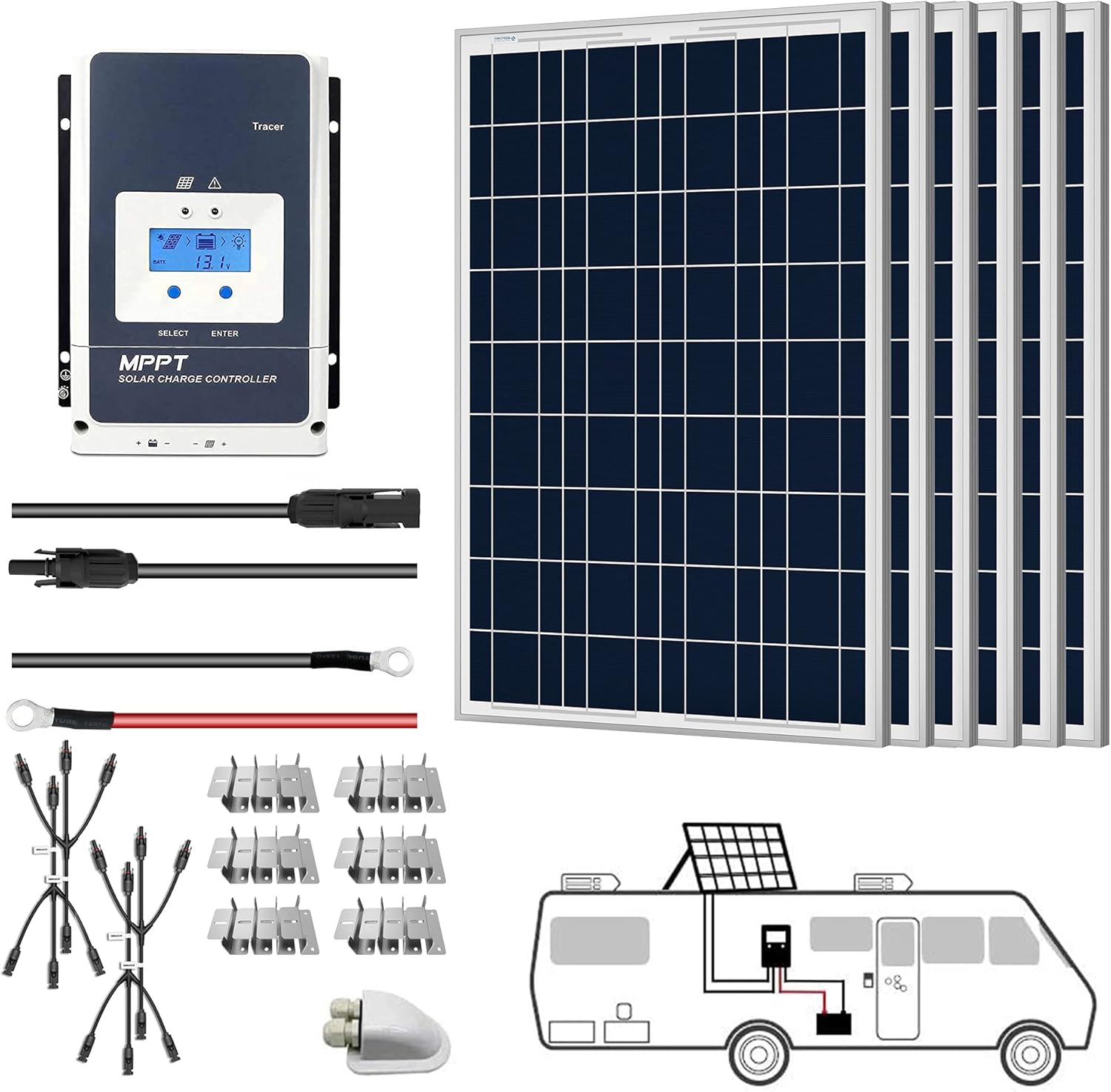 ACOPOWER Solar Panel Kit, 800W 12/24V Polycrystalline Off-Grid System for RV Home Marine with 8PCs 100W Rigid Solar Panels/60A MPPT Controller/Z-Brackets/Y Connectors/Solar Cables/Cable Entry Housing