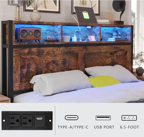 Farmhouse Full Bed Frame with Bookcase Headboard and Storage Drawers, LED Lights and Charging Station, No Box Spring Needed, Noise Free, Rustic Brown