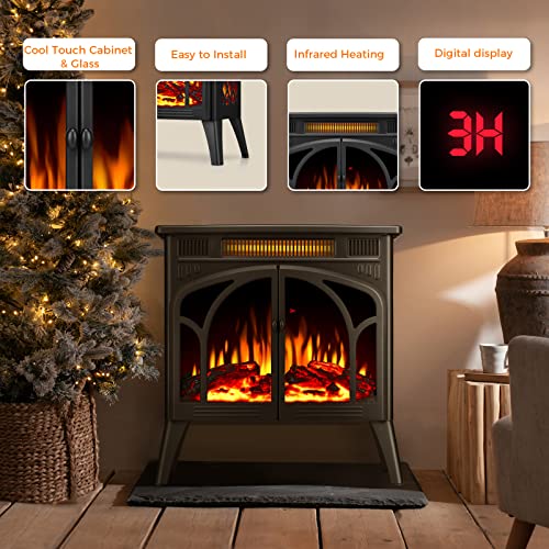 Antarctic Star Electric Fireplace Stove Heater, 3D Infrared Fireplace, 5100BTU MAX 1500W, All-Metal Design, Adjustable Brightness, Portable, Overheating Protection,Remote,Timer,ETL Certified