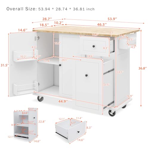 LUMISOL Kitchen Cart with Wood Top, Rolling Kitchen Island Cart with Spice Rack, Towel Rack and 4 Drawers, Storage Cabinet with Open Shelves and Door