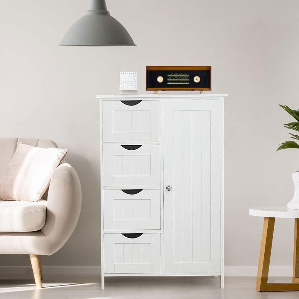 BINLINGO Floor Storage Cabinet, Wooden Bathroom Cabinet with 1 Door & 4 Drawer, Free Standing Entryway Cupboard Cabinet, White