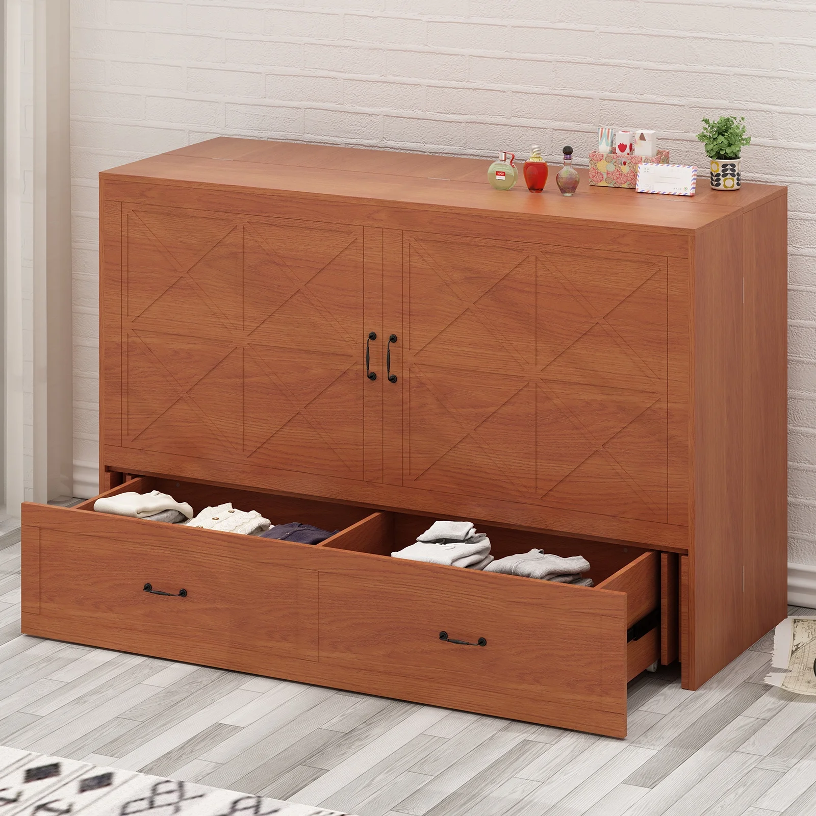 Mjkone Queen Size Murphy Cabinet Bed, Solid Pine Wall-Bed with 3 Charging Stations, 2 Storage Drawers, and Comfy Foldable Mattress for Bedroom, Office and Small Spaces (Burnt Orange)